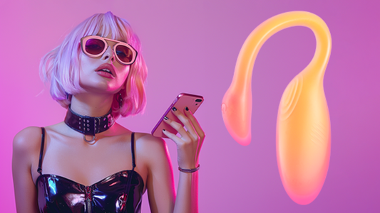 Woman holding a phone beside a gradient wearable vibrator.