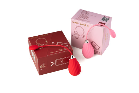 Red and pink Magic Sundae wearable vibrators with product boxes.