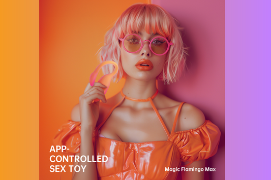 Model holding a gradient wearable vibrator in a colorful studio portrait.