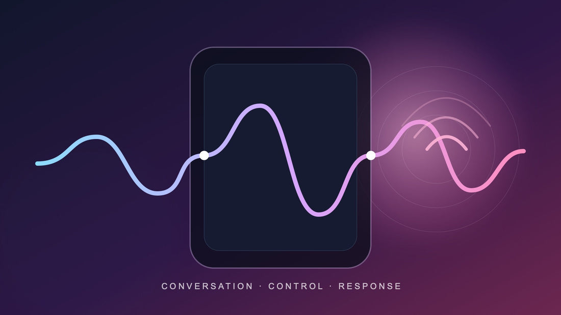 Abstract AI conversation waveform crossing beyond a screen into a connected haptic pulse.