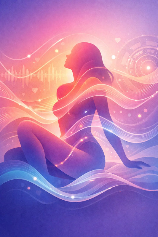 Abstract illustration of a seated silhouette with colorful waves, hearts, and sound patterns.