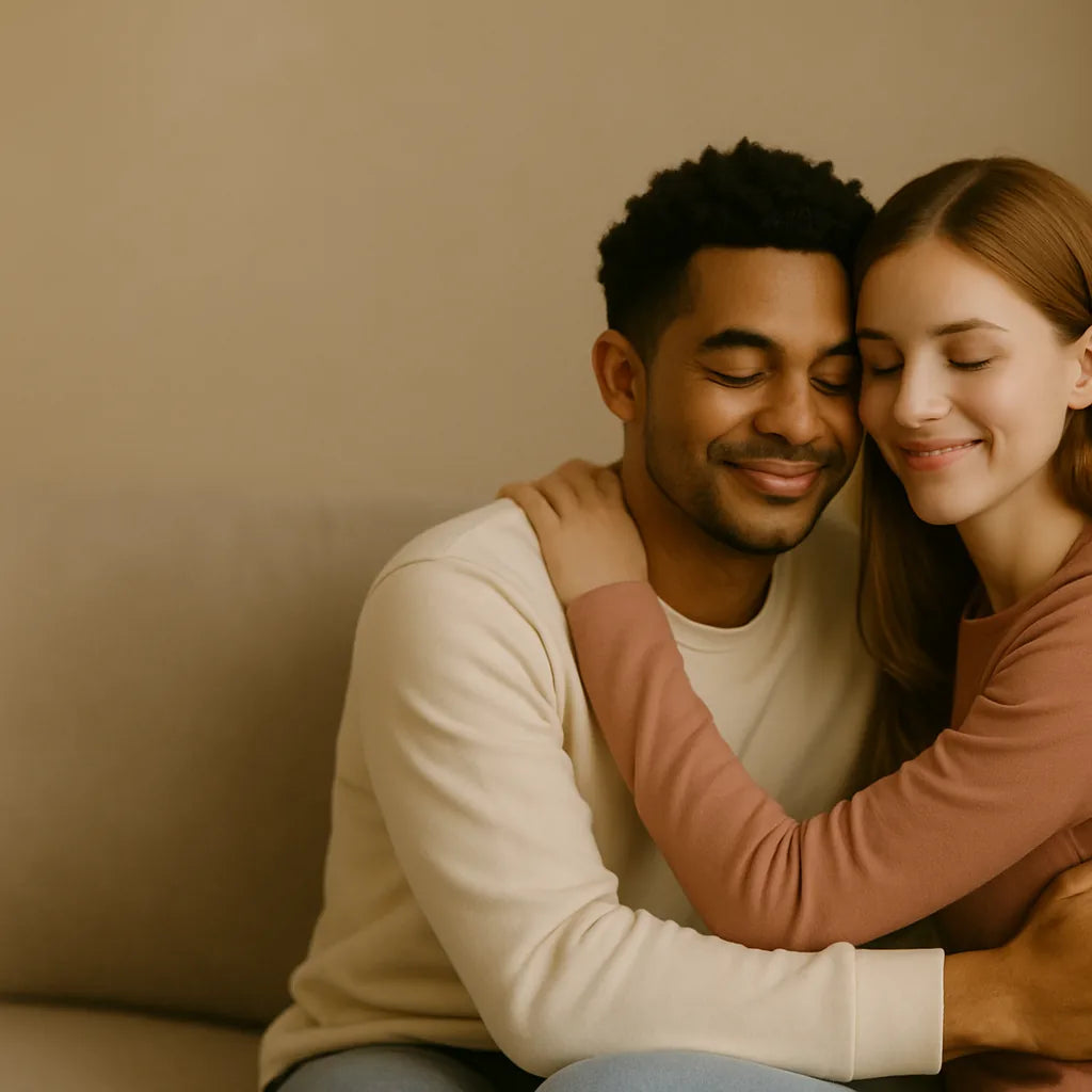 Couple cuddling on a sofa with their eyes closed.