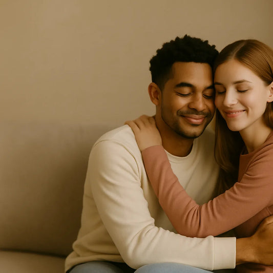 Couple cuddling on a sofa with their eyes closed.