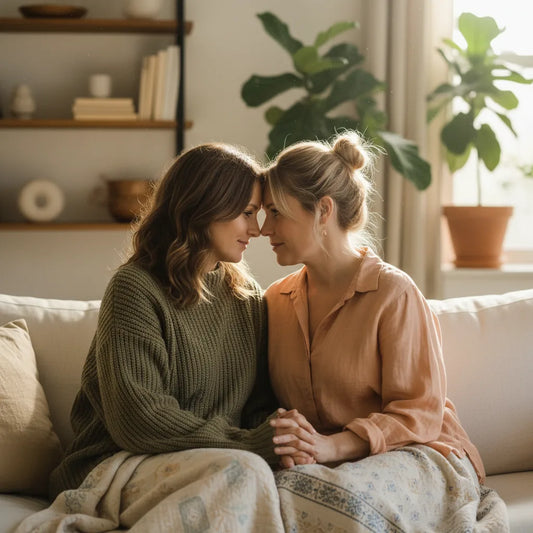 Two women sitting close together on a sofa and holding hands.