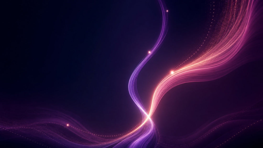Abstract violet and rose light paths crossing and rising at different heights to represent shared vibration and connection.