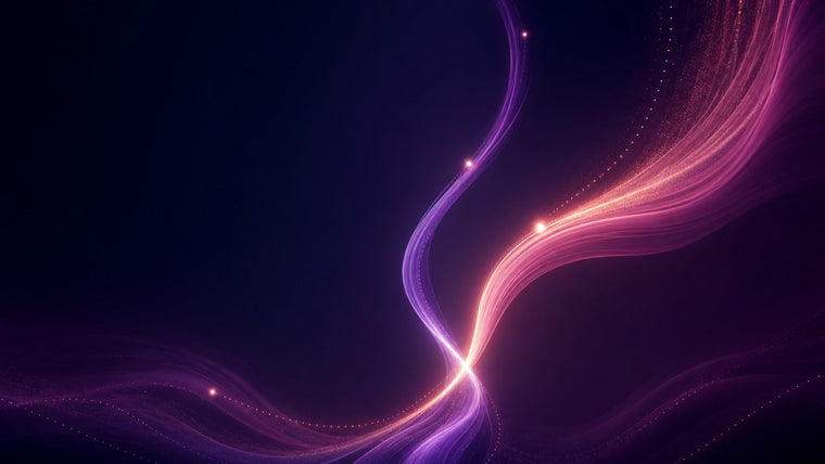 Abstract violet and rose light paths crossing and rising at different heights to represent shared vibration and connection.