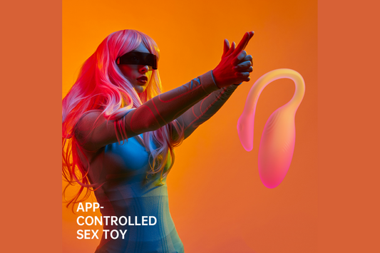 Model in a visor beside a gradient Magic Flamingo Max vibrator.