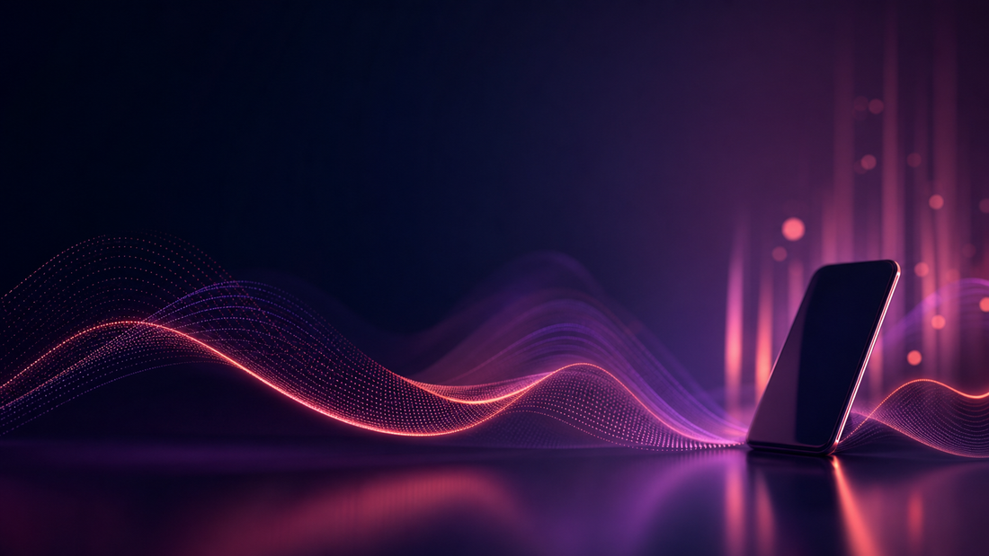 Abstract pink and violet sound waves with a phone silhouette for a music-controlled vibrator guide