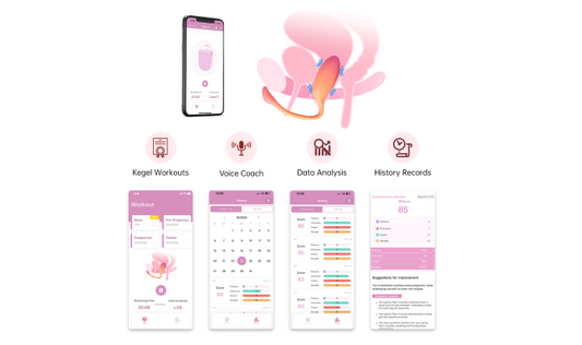 Magic Kegel app screens and a pelvic floor illustration.
