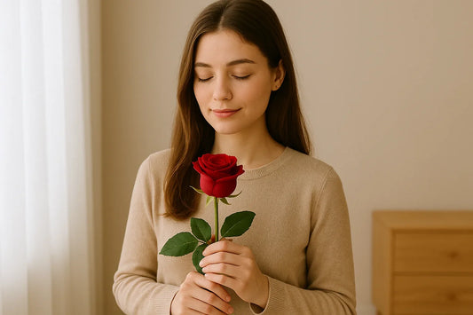 Woman holding a red rose with her eyes closed.
