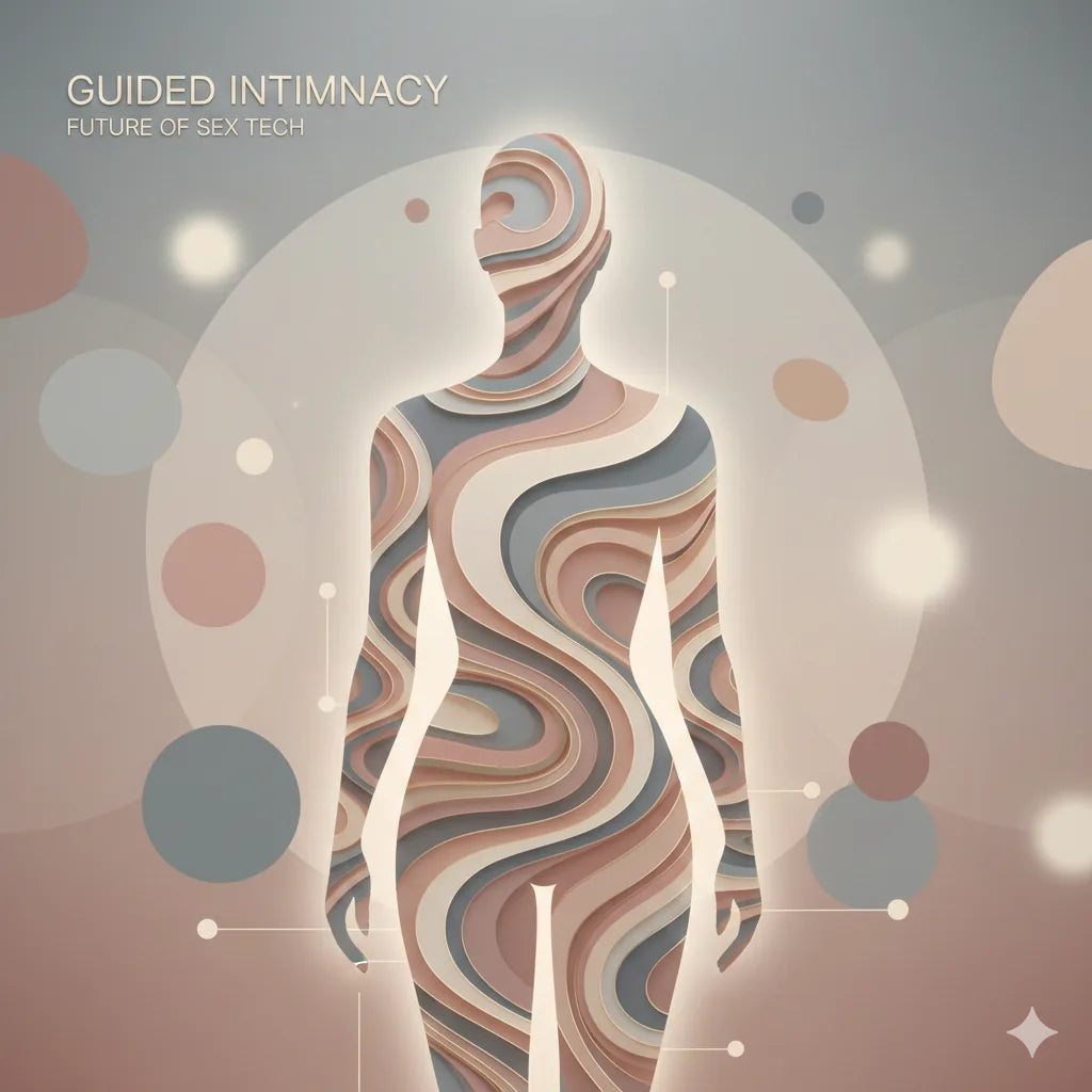 Stylized human silhouette with layered patterns and the words Guided Intimacy and Future of Sex Tech.