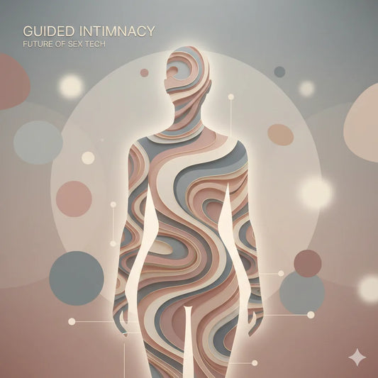 Stylized human silhouette with layered patterns and the words Guided Intimacy and Future of Sex Tech.
