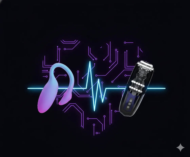 Two connected pleasure devices beside a glowing heartbeat line and circuit pattern.