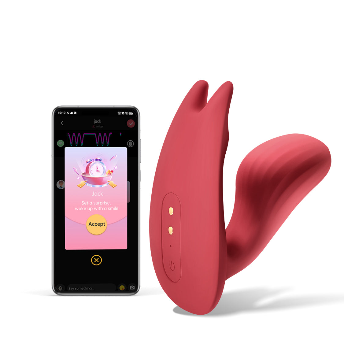 Magic Umi dual-motor wearable vibrator beside Magic Motion App alarm screen