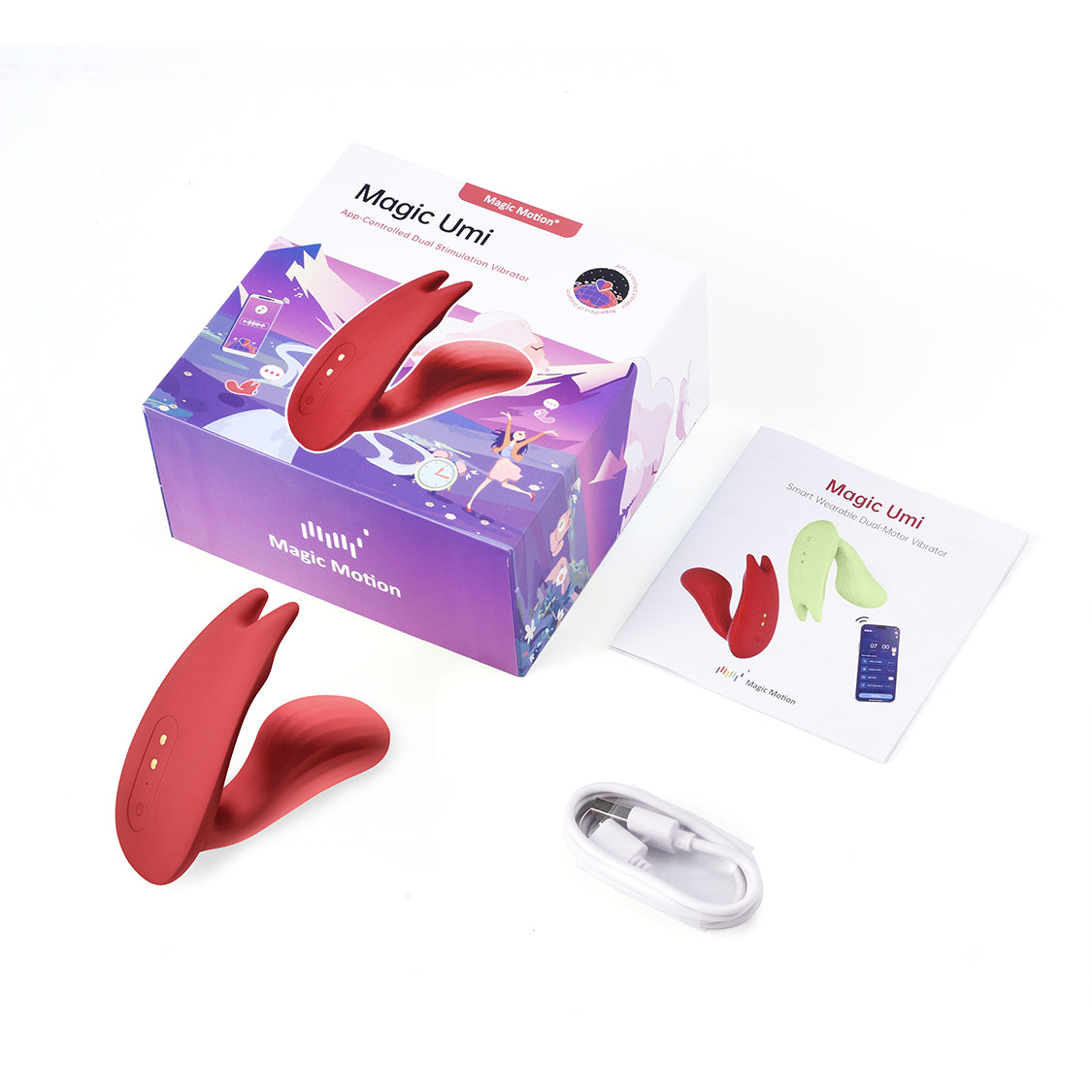 Magic Umi wearable vibrator with magnetic USB cable and storage accessories