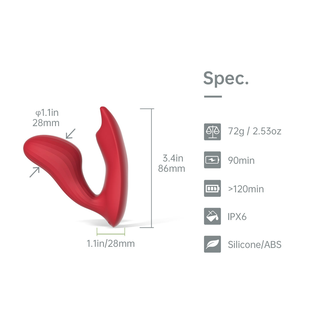 Magic Umi dual-motor wearable vibrator specifications graphic