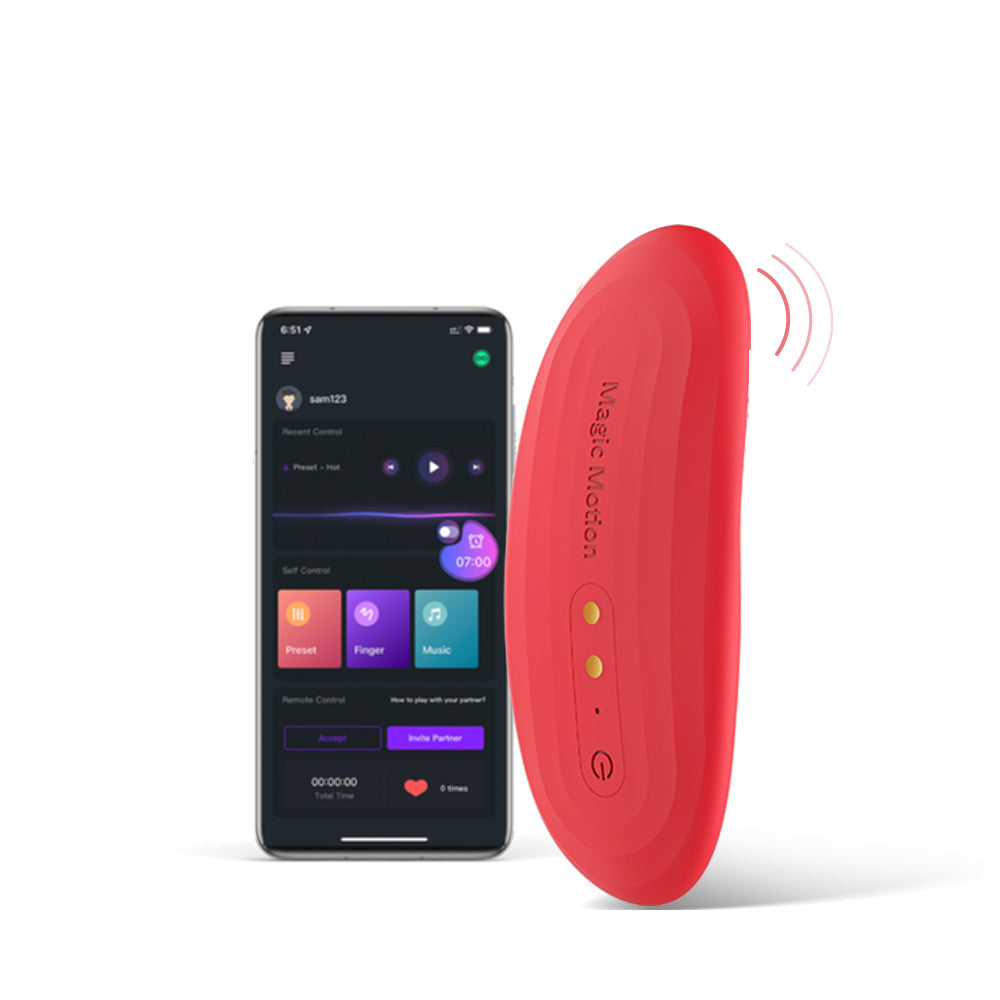 Magic Nyx slim wearable vibrator beside Magic Motion App alarm screen