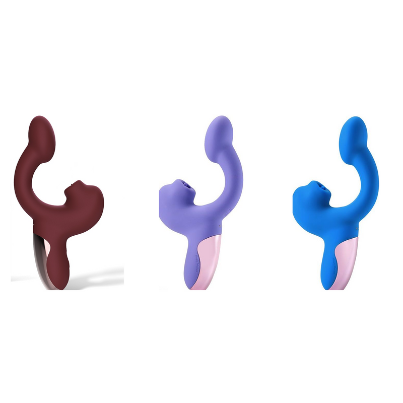 Magic Ponder dual stimulation vibrator in red, purple, and blue on a white background, with the external stimulation tip visible