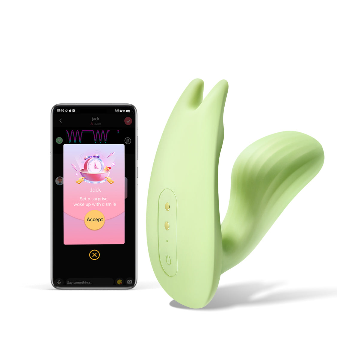 Magic Umi Green wearable vibrator beside the Magic Motion App screen