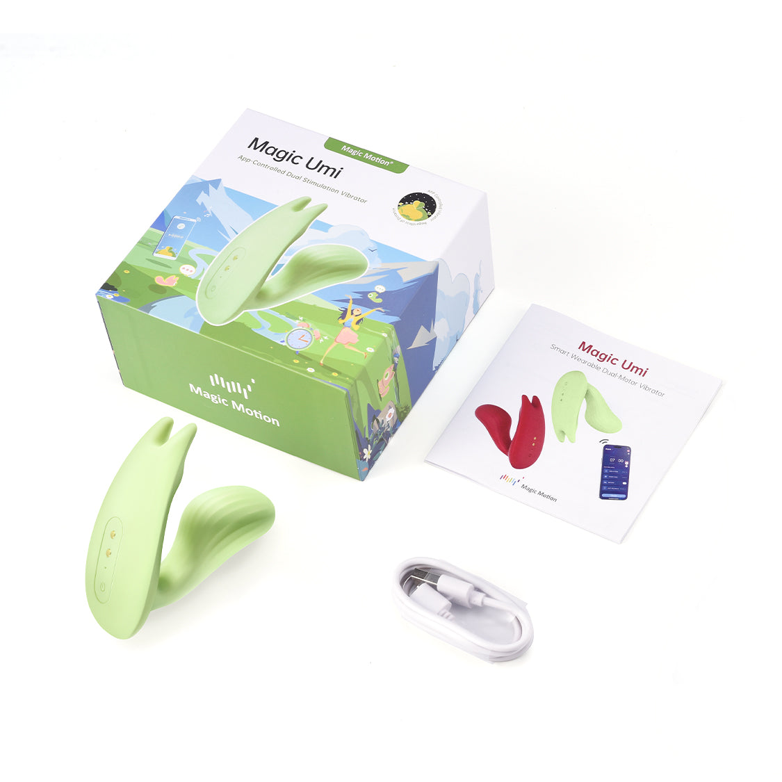 Magic Umi Green wearable vibrator with packaging and accessories
