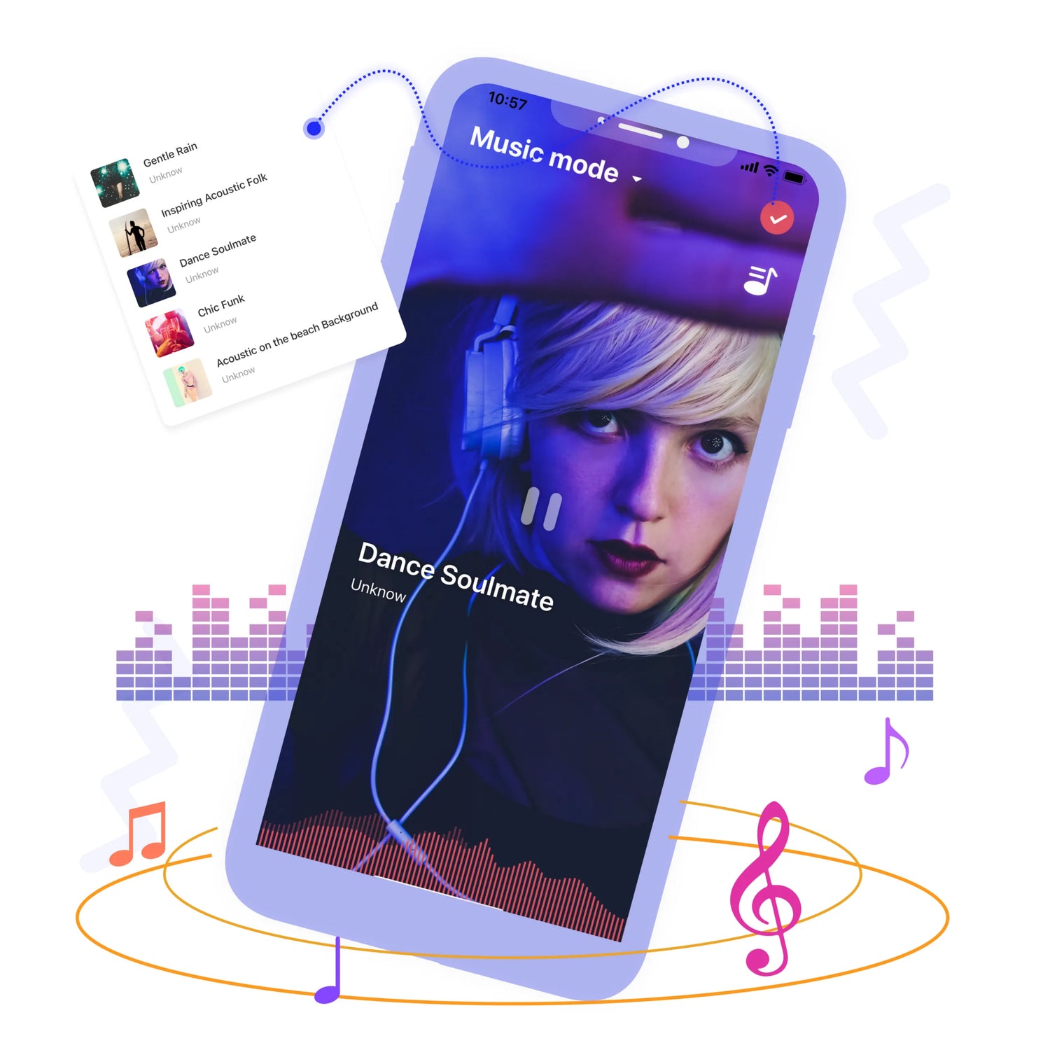 Magic Motion app music mode shown on a smartphone with playlist and music controls.