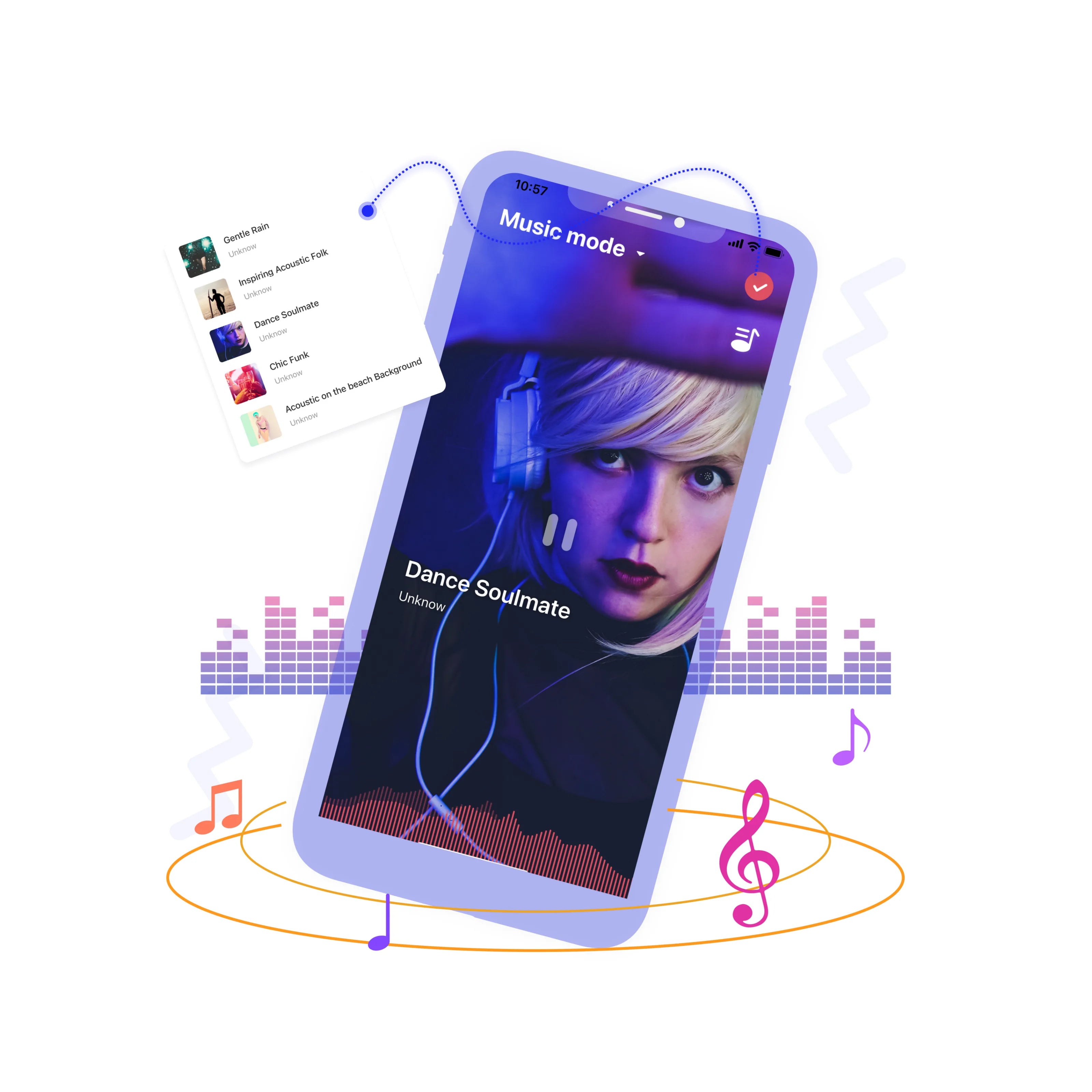 Magic Motion app music mode shown on a smartphone with playlist and music controls.