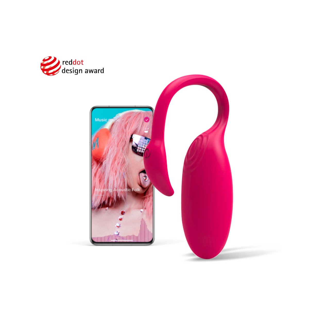 Magic Motion Flamingo smart app-controlled vibrator with product packaging and Red Dot Award recognition.