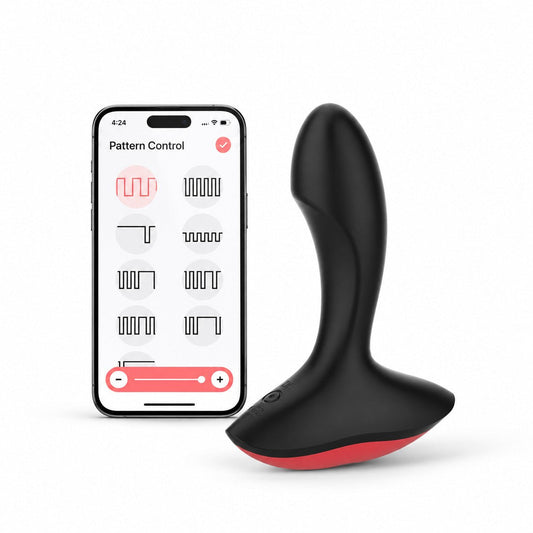 Magic Solstice prostate massager beside the Magic Motion Pattern Control app