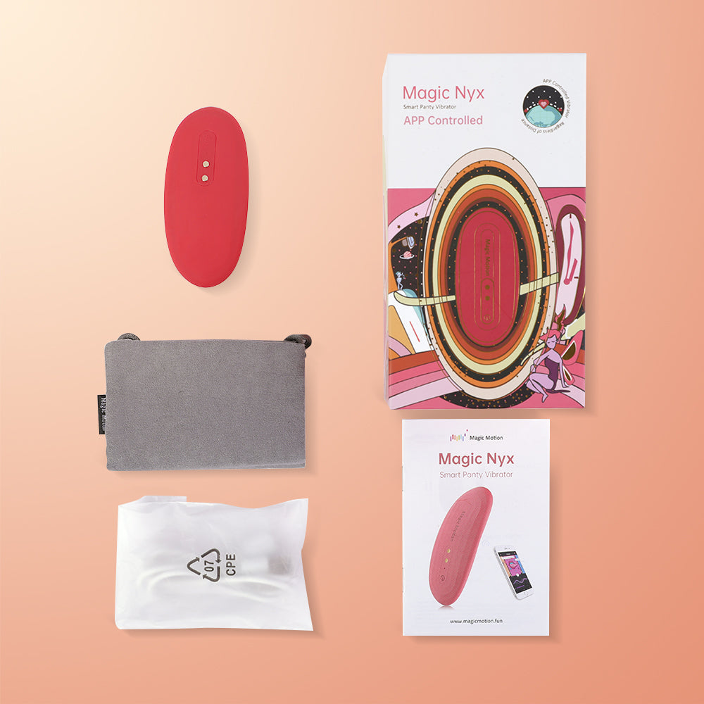Magic Nyx wearable vibrator with magnetic USB cable and product accessories