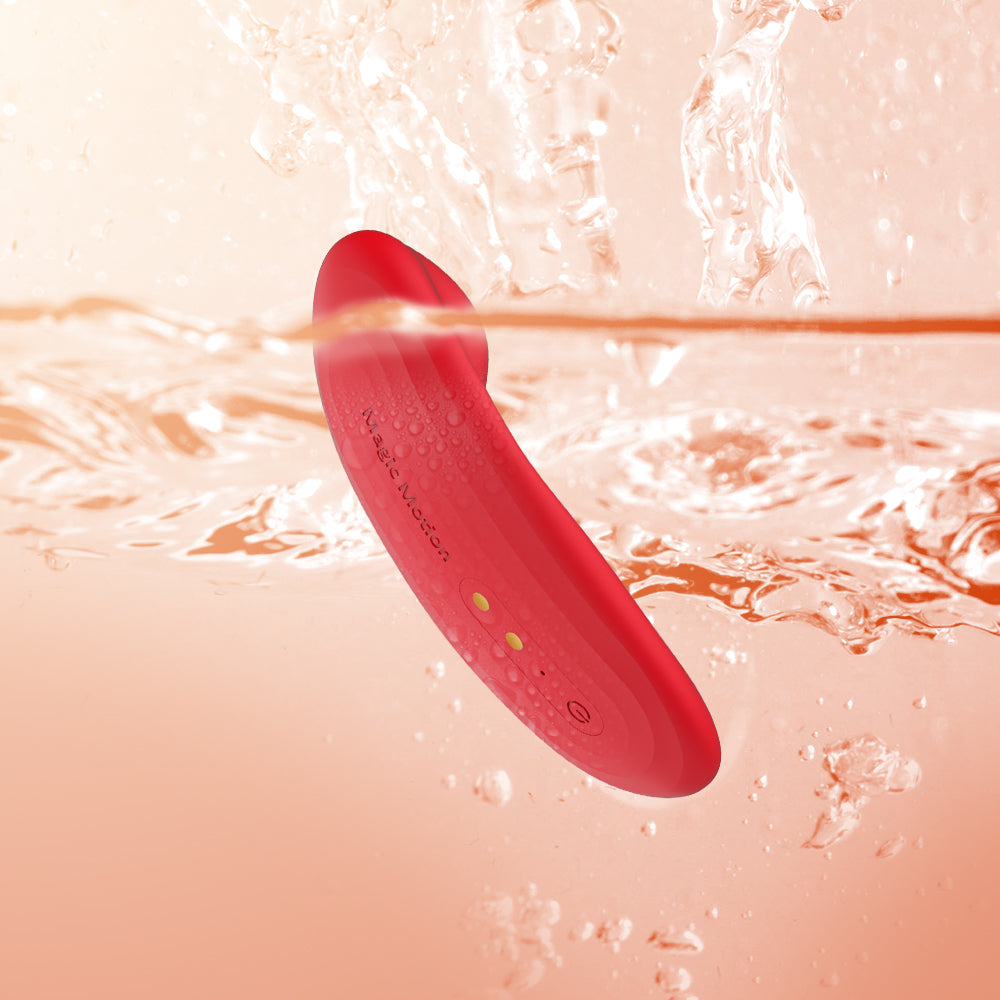 Magic Nyx red wearable vibrator with IPX6 water-resistance splash graphic
