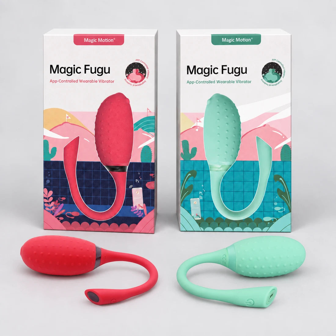 Red and green Magic Fugu products with their matching illustrated retail boxes